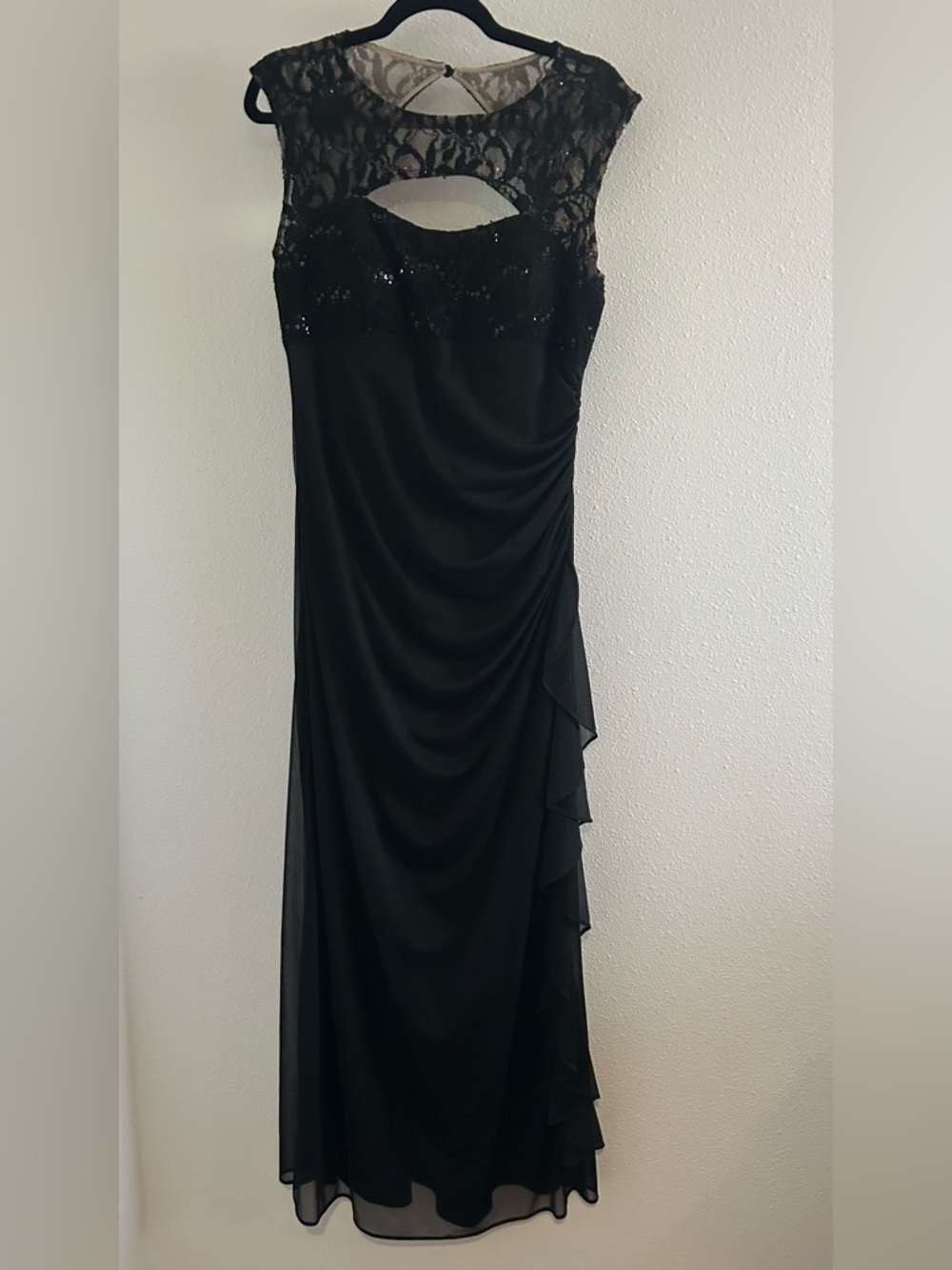 R&M Richards Black Lace Yoke Maxi Gown with Side Ruffles